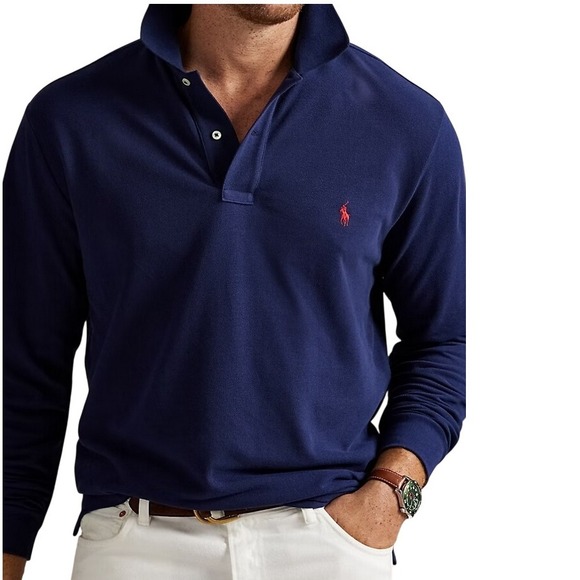 Polo Ralph Lauren‎ Mens Long Sleeve Polo Shirt Navy Blue Red Pony Logo Size 2XL